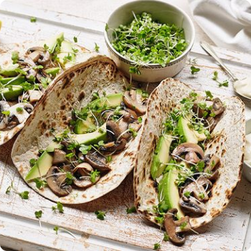 Mushroom, Avocado and Salad Cress Tacos with Sour Cream